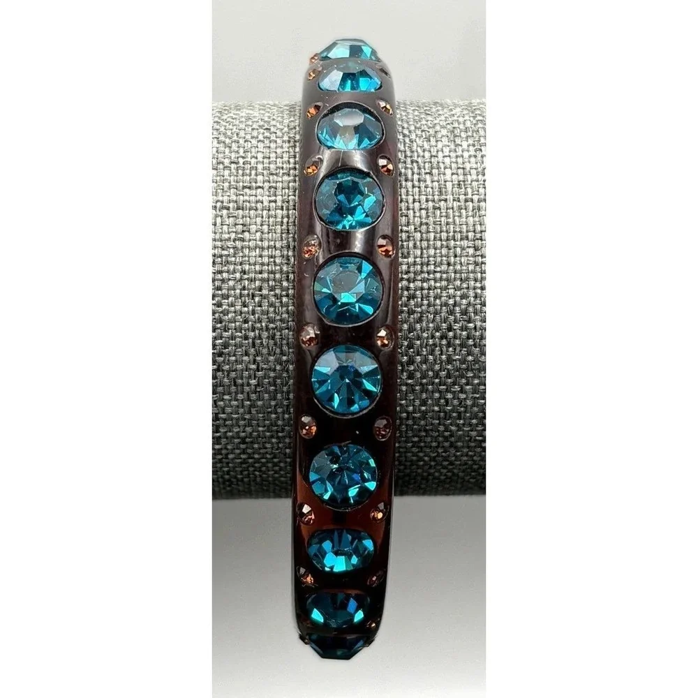 Vintage Teal Blue Crystal Rhinestone Bangle Bracelet Brown Lucite 8